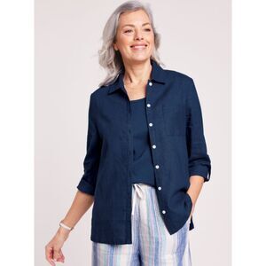 NEW Navy Blue Sz Medium Casual or Dress Linen Blend Button Up Roomy Shirt BLAIR